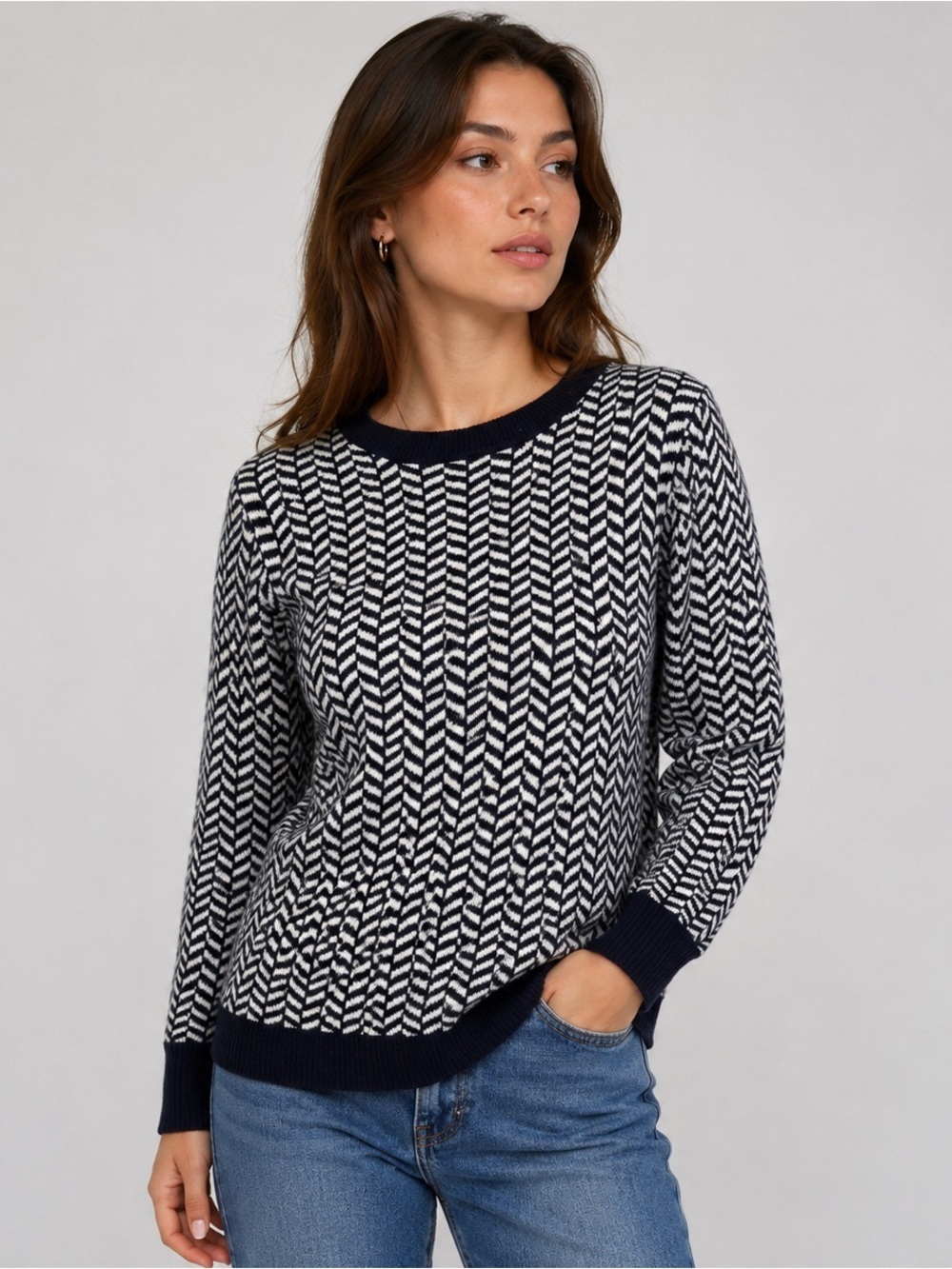 J. Crew Women’s Italian Cashmere Herringbone Sweater Navy/White Sz S Academia